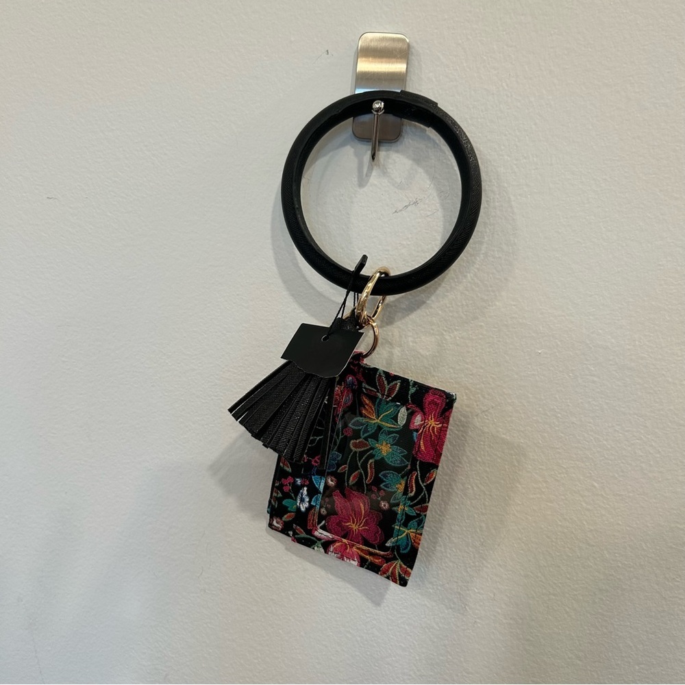 Pink and Black Floral Key & Card Holder with Bangle